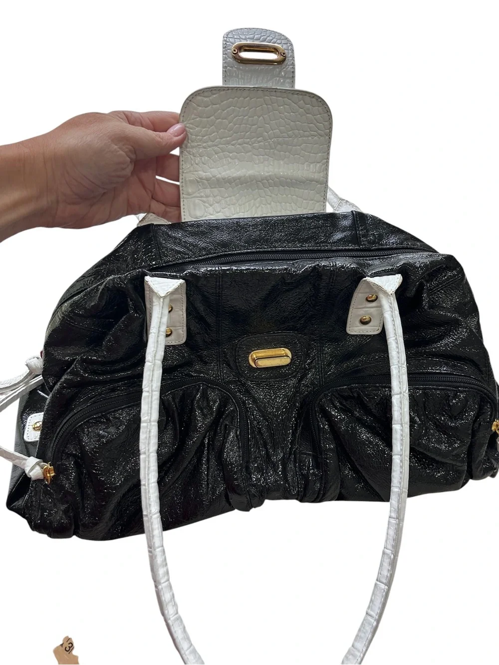 Sharif Studio Black White Faux Croc Patent Large Satchel Bag w/ Gold Hardware